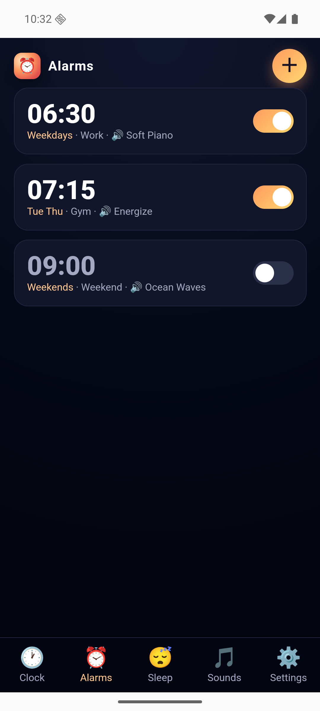 List of alarms with repeat days and sounds