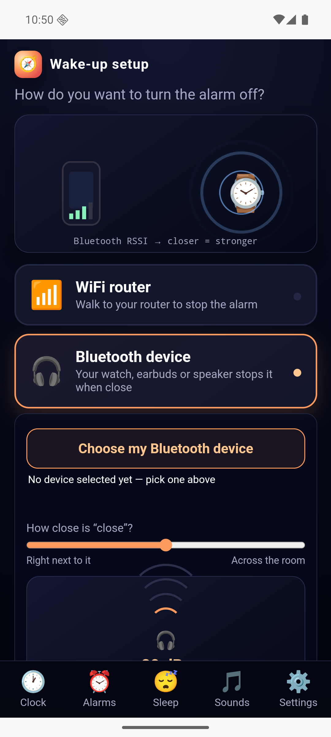 Alarm Shift Bluetooth setup for choosing a watch, earbuds or speaker as the wake-up device