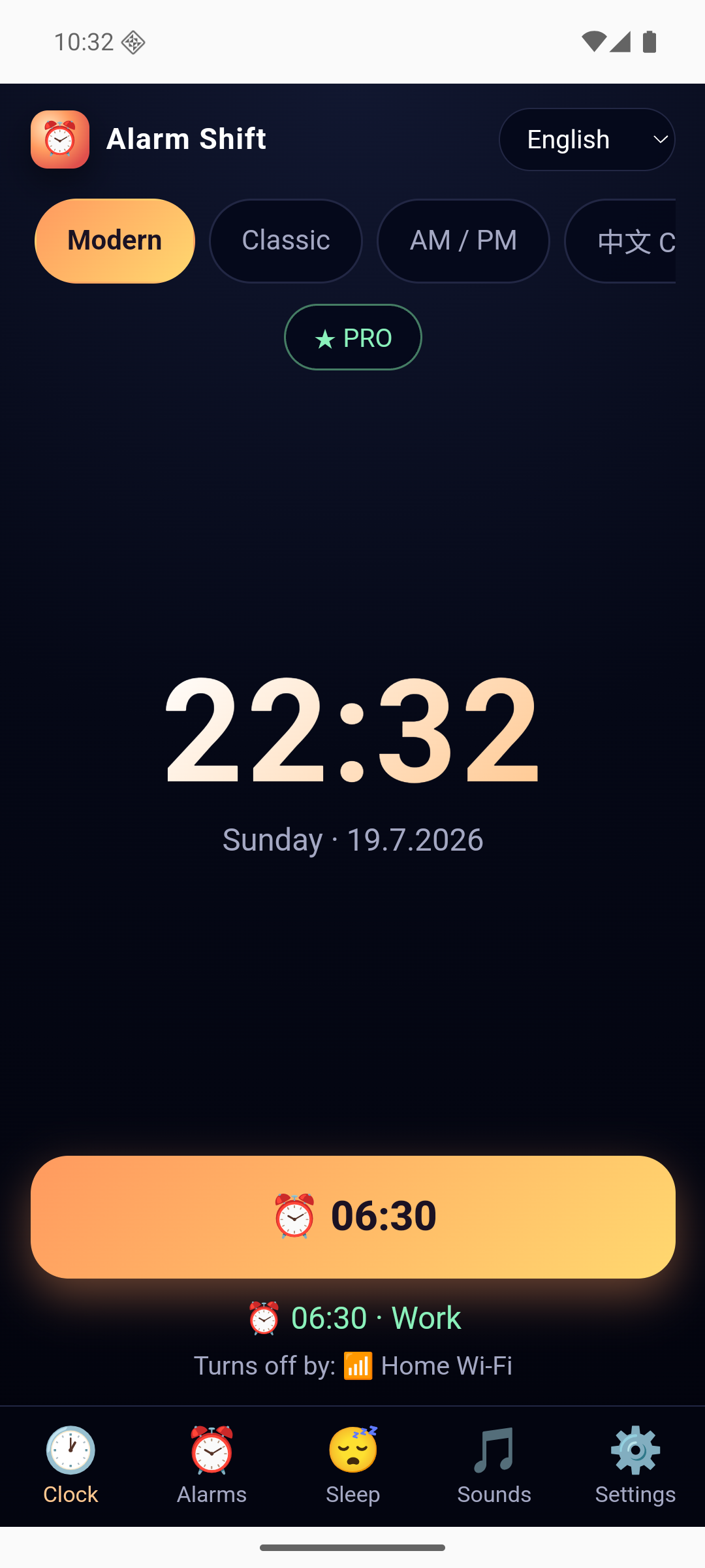 Alarm Shift clock screen showing the next alarm
