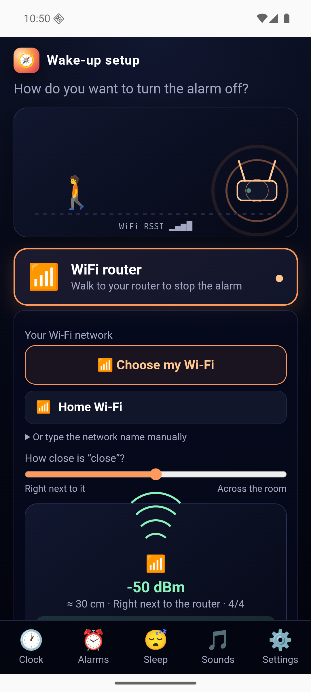 Alarm Shift Wi-Fi router setup showing a live signal reading of -50 dBm and an estimated distance of 30 cm